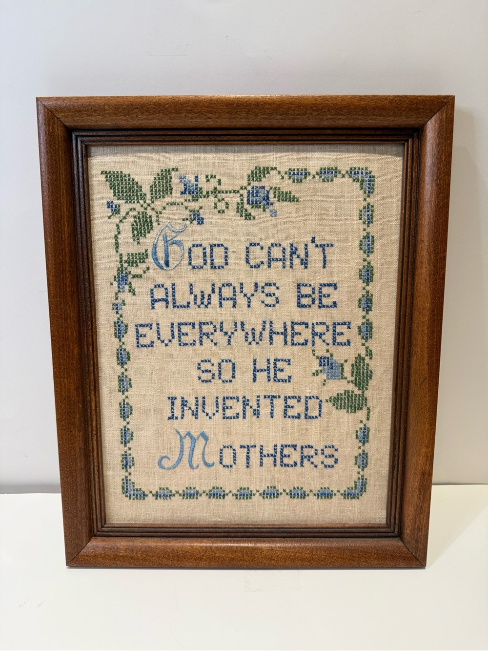 Vintage Handmade Framed Cross Stitch Quote God Invented Mothers 13” x 16”